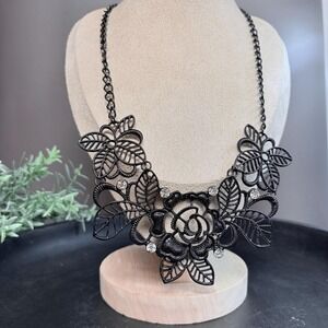 Black Rose Statement Necklace 20 Inch | Gothic Floral Bib | Witchy Dark Romance